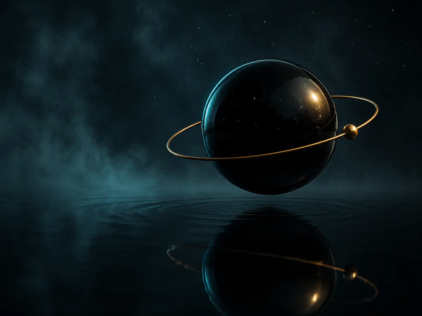Dunkle schwebende Sphäre erkennt sich in der Spiegelung stillen Wassers