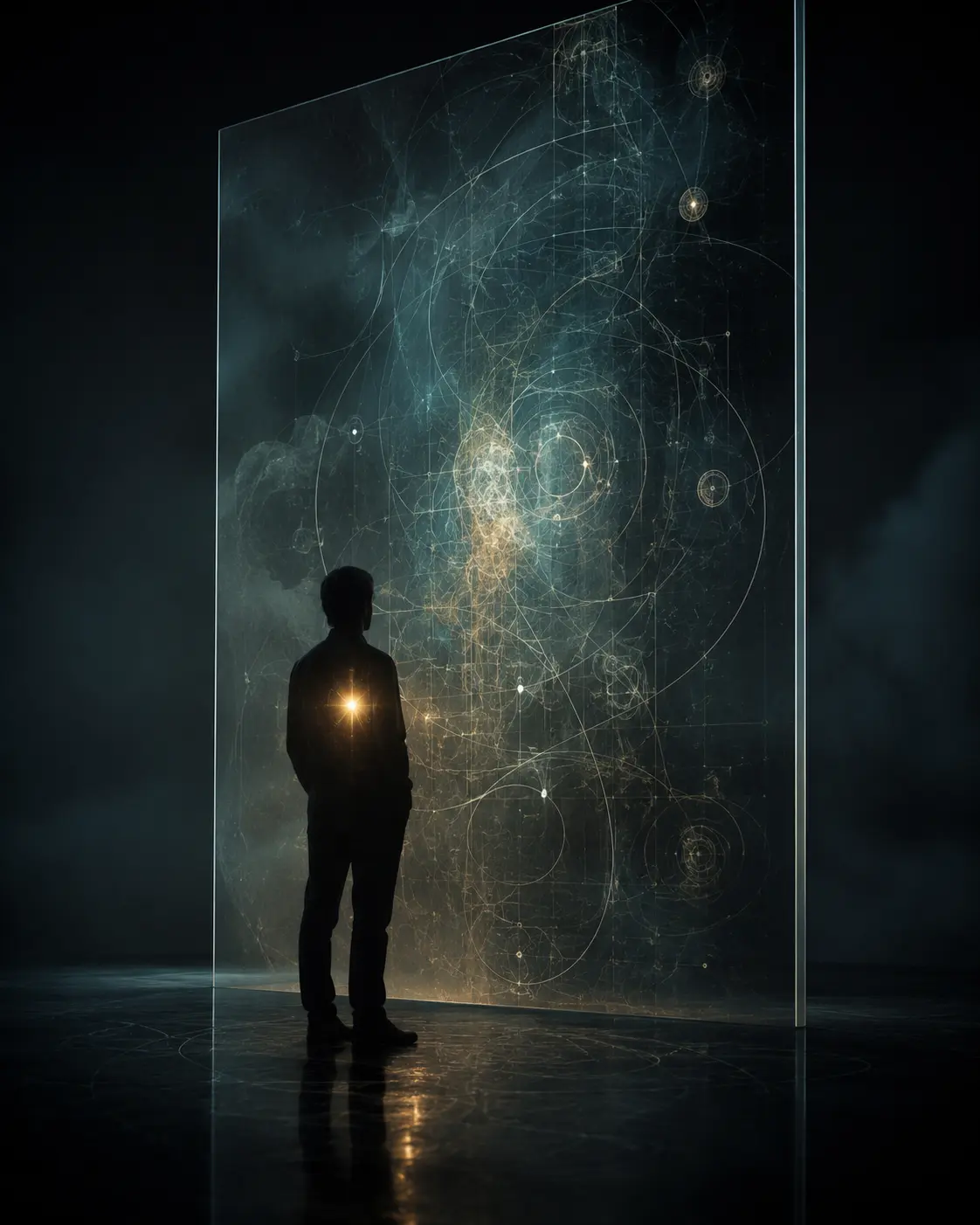 Ein Mensch vor einer transparenten analytischen Fläche aus Licht und Strukturen